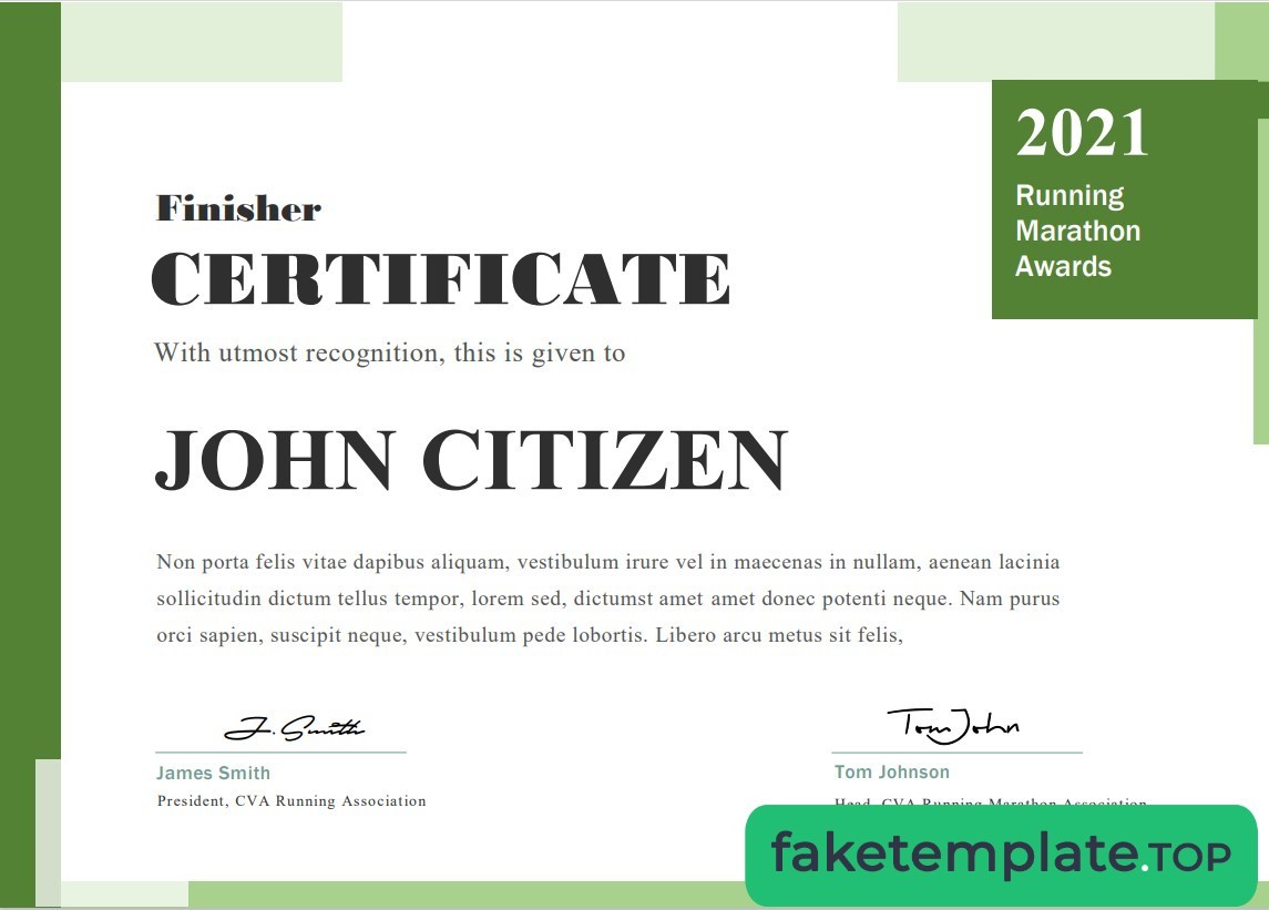 Feature of fake USA Running Award cert